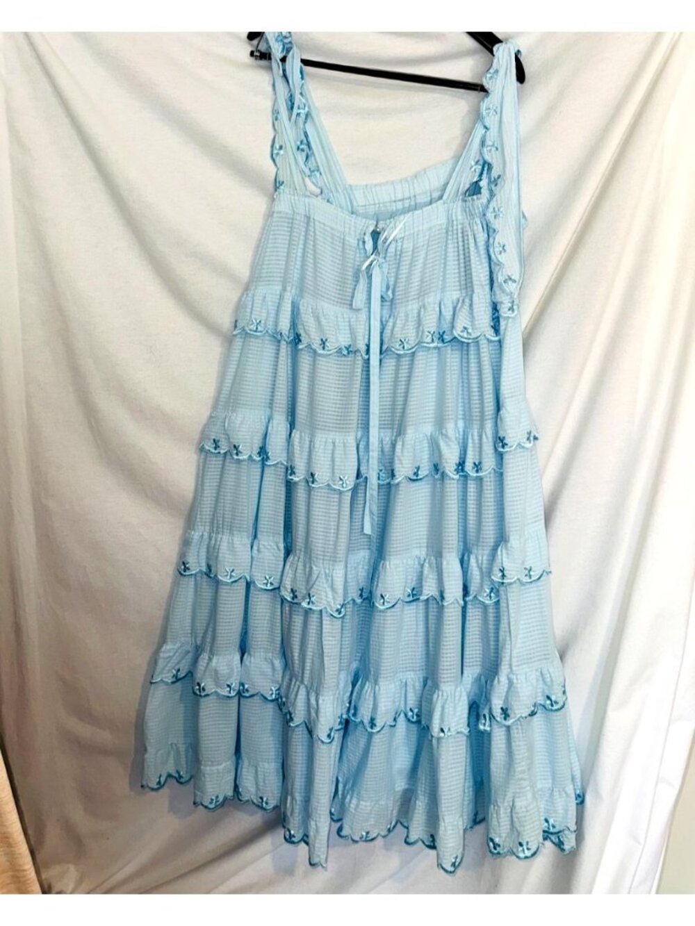 Scallop Frill Dress Lt Blue gingham tiered ruffle scalloped embroidery Maxi, Sma